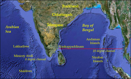 Archipelagos off India [Satellite image: Google Earth, Legend by TamilNet]