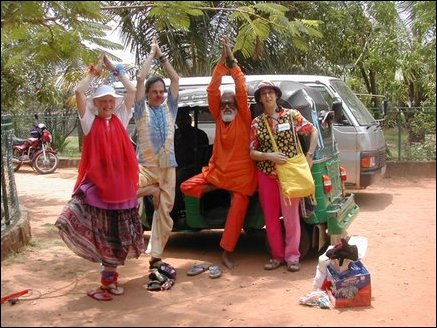 Clowns with Swamy Sri Sithananda Saraswathy Yogi at the Sivananda Thabovanam in Uppuveli in Trincomalee. 