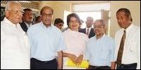 At the conclusion of the event Mr.Saran ( second front left ) is posing for a photograph with Mr.Sampanthan ( extreme left ), Ms Nirupama Rao, Mr.Thurairatnasingham ( second from right ) and Mr.Thiagalingam ( extreme right ), Secretary to the Provincial Ministry of Education