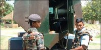 The body of the SLAF airman killed in Claymore ambush being transferred from Vavuniya hospital in a Buffel Armoured Personnel Carrier after post-mortem