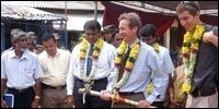 U.S. Deputy Chief of Mission James R. Moore (center) breaks ground on the Anuradhapura Junction market reconstruction project accompanied by Government Agent T.T.R. Silva, Trincomalee Urban Council Chairman S.G. Mugunthan, and Matej Novak of People in Need (Photo: US Embassy)