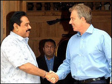 Prime Minister Blair welcoming Sri Lanka's President Rajapakse. The Labour government's support for
