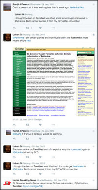 Recent exchange of tweets on SLT blocking TamilNet in South